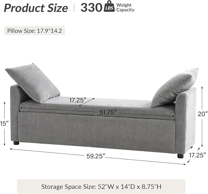 HULALA HOME 59" Storage Bench with 2 Throw Pillows, Modern Long Bedroom Bench for End of Bed, Comfy Upholstered Footstool for Entryway Living Room, Grey