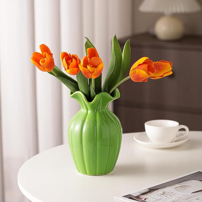 Seasonplan White Ceramic Vase, 8 Inch Flower Vase Home Decor Modern Decorative Vases for Bouquet, Unique Vases for Farmhouse Living Room Cabinet Table Centerpieces Wedding Decorations (Green)