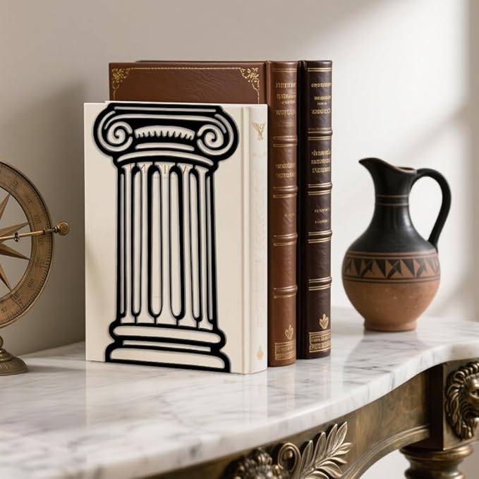 Peacoblue Metal Bookends for Shelves, Modern Decorative Heavy Duty Study Book Ends Stoppers for Office, Desk, Shelf, Room 5.3"x4.3"x7.9" Cast Iron Simple Tall Bookends 1 Pair (Roman Columns)