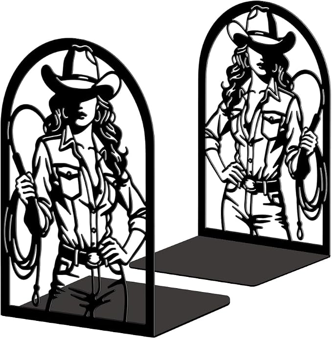 Peacoblue Metal Bookends for Shelves, Modern Decorative Heavy Duty Study Book Ends Stoppers for Office Desk Shelf, Room 5.3"x4.3"x7.9" Cast Iron Tall Bookends 1 Pair (Cowgirl with Hat and Whip)