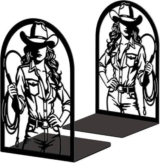 Peacoblue Metal Bookends for Shelves, Modern Decorative Heavy Duty Study Book Ends Stoppers for Office Desk Shelf, Room 5.3"x4.3"x7.9" Cast Iron Tall Bookends 1 Pair (Cowgirl with Hat and Whip)