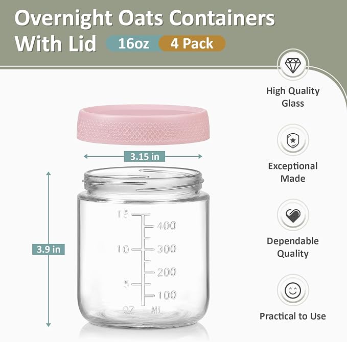 POIKSHARK 4-Pack Overnight Oats Containers with Lids,16 OZ Wide Mouth Glass Jars with Airtight Lids, Mason Jars Glass Food Containers for Snack Spice Sugar Food Prep Yogurt