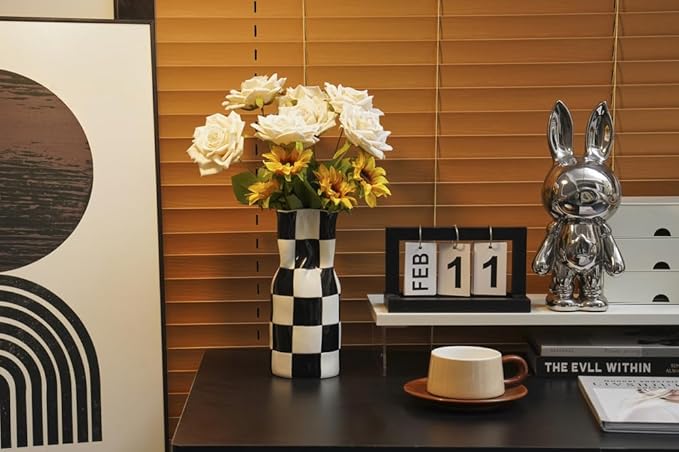 Ceramic Modern Checker Vase for Home Decor, Aesthetic Decoration for Livng Room, Bedroom, Kitchen, Minimalism Abstract Flower Vase Boho Chi, Wabi-Sabi, Hand-Pinched Pottery
