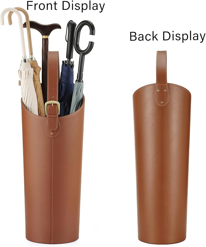 Brown Artificial Leather Tall Umbrella Holer Entryway Indoor for Business Office,22.4 Inch Umbrella Stand Entryway with Removable Water Tray 2 Hooks