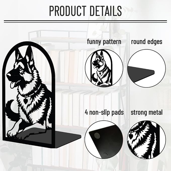 WADORN 1 Pair German Shepherd Metal Decorative Bookend for Shelves, Heavy Duty Book Ends Modern Non-Skid Books Holder Stand Black Book Support Stoppers for Desk Bookshelf Office, 5.3x4.3x7.8 Inch