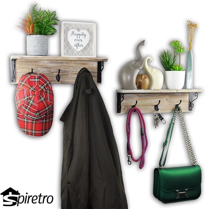 Wall-Mounted Coat Hook Rack with Shelf - Set of 2 - Rustic Wood Grey - Entryway Mudroom Bathroom Organizer