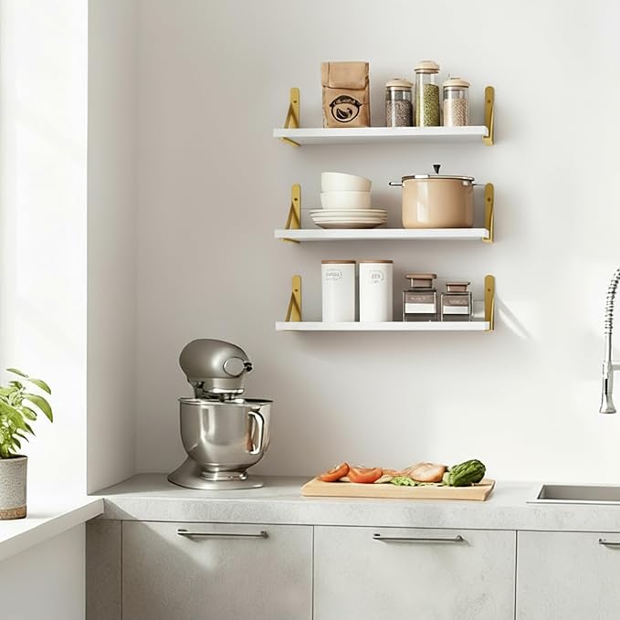 Fixwal Floating Shelves for Wall, Wood Wall Mounted Shelves for Bedroom, Bathroom, Living Room, Kitchen Storage and Decor(White, Set of 3, 16.5 Inch)