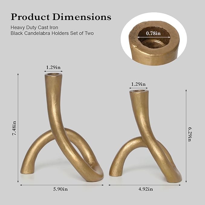 Gold Cast Iron Taper Candle Holder, Candlestick Holder Decorative, Gift Tapered Candle Holders for Home Decoration, Bedroom, Dinning, Mantel, Kitchen, Party, Set of 2
