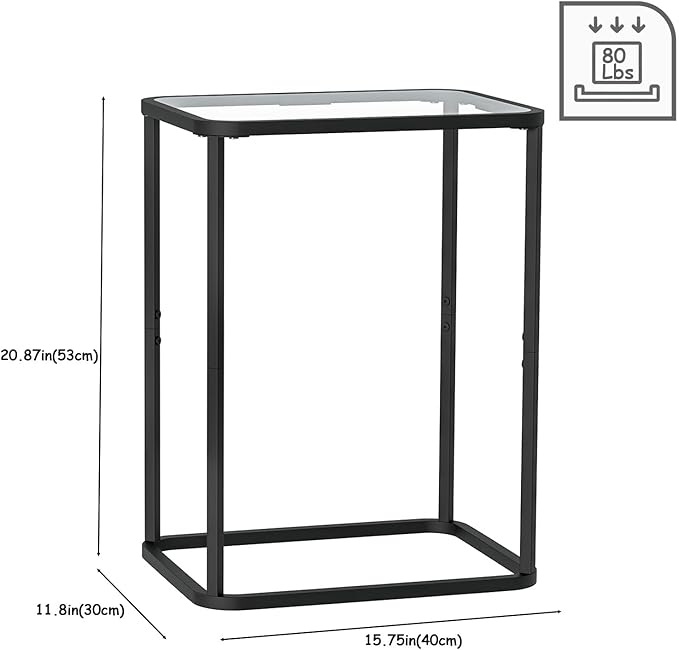 Glass Side Table Two Set, Rectangle 2PCS End Table with Metal Frame, Modern Bedside Table for Office, Bedroom, Living Room, Study,Small Spaces,Easy Assembly,15.75 * 11.81 * 20.87 Inches,Black,2PCS