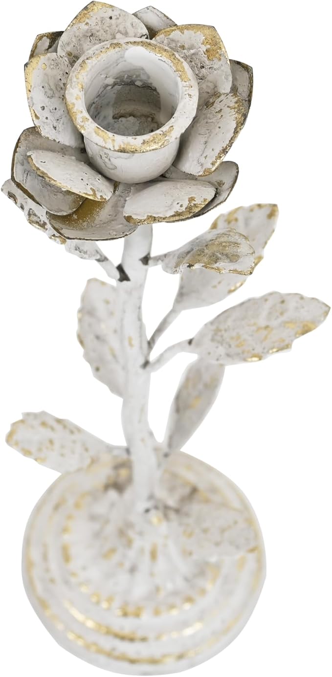 Vintage Metal Taper Flower Candle Holders Set of 2 Rustic Distressed Iron Decor Candlestick Handmade Tall Candle Stick Stands for Centerpiece Table Mantel Wedding Party Home Decoration Rose White