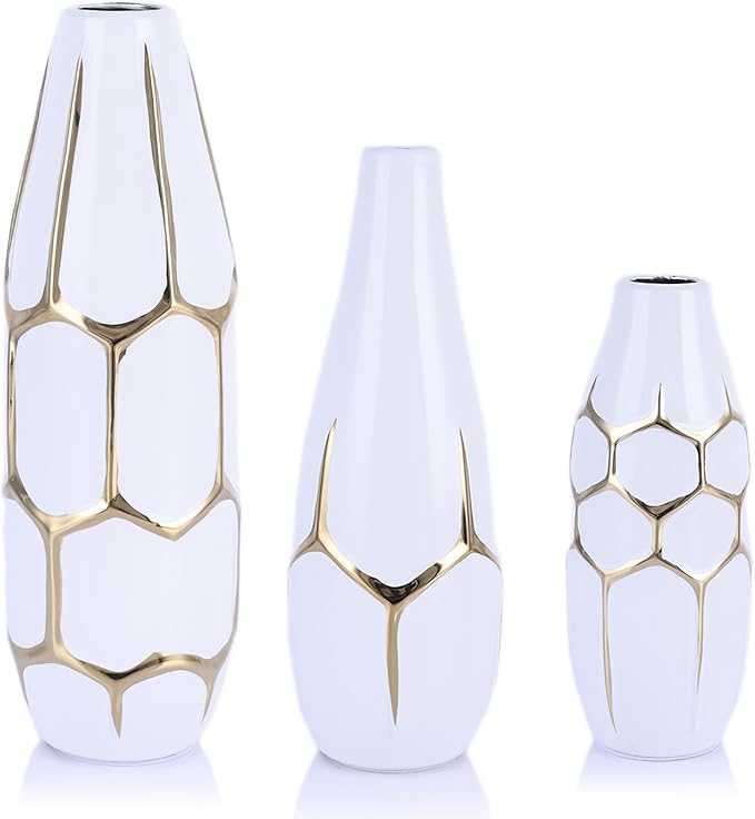 White and Gold Ceramic Vase Set of 3, Geometric Decorative Ellipse Vases for Living Room Shelf, Mantel, Table Centerpieces, Bathroom Countertop, Modern Rustic Farmhouse Home Decor (Gold)