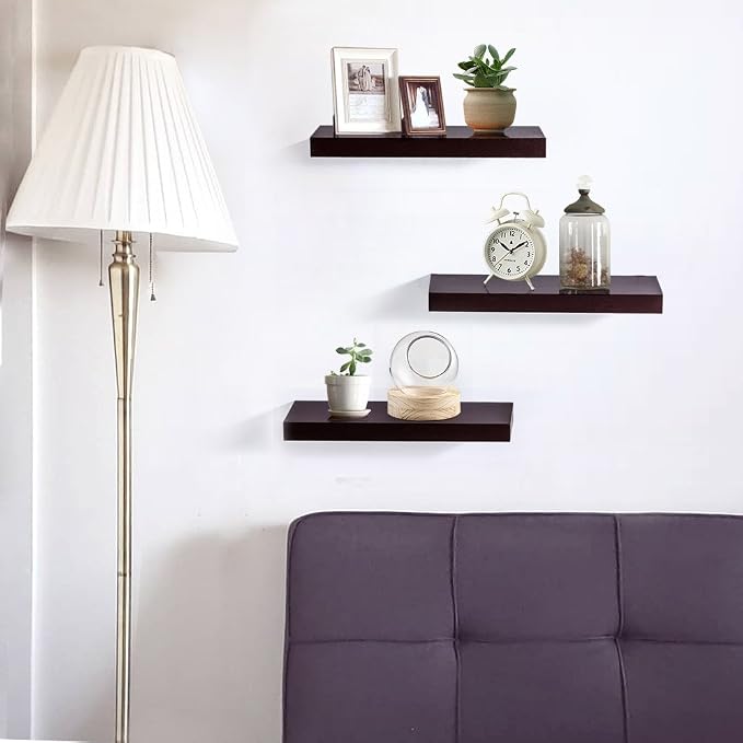 AHDECOR Floating Wall Mounted Shelves, Set of 3 Display Ledge Shelves Wide Panel for Bedroom Office Kitchen Living Room, 5.9" Deep, Espresso Brown