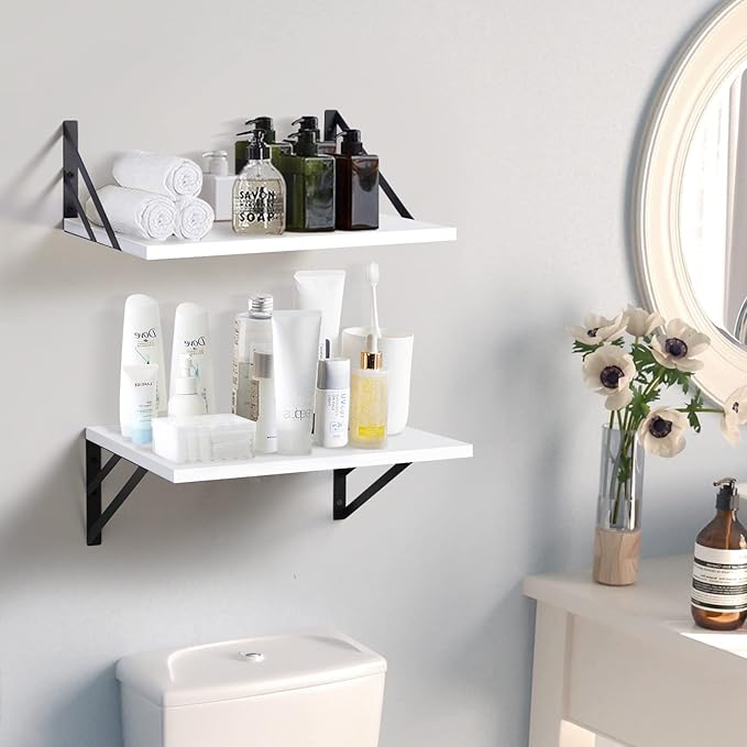 Tectocker-DOU 2 Pc Deep Floating Shelves ; Wall Mounted Hanging Shelves for Living Room, Kitchen, Office, Bathroom and Bedroom Decor; Storage and Display Shelf Set (White, 16W×12D)