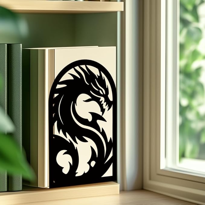 INFUNLY 1 Pair Dragon Book Ends for Shelves Loong Non-Skid Metal Bookshelf Holder Stand Black Book Stopper Support for Desktop 7.1x4.7x3.5 for Home Office Library School Kitchen Decor