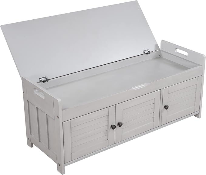 SOFTSEA Storage Bench with 3 Shutter-Shaped Doors, Entryway Shoe Bench with Removable Cushion and Hidden Storage, Wooden Storage Ottoman for Entryway, Living Room, Bedroom, Grey