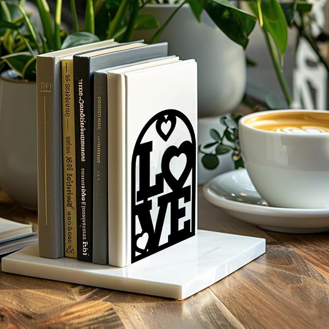 Peacoblue Metal Bookends for Shelves, Modern Decorative Heavy Duty Study Book Support Stoppers for Office, Desk, Shelf, Room 5.3"x4.3"x7.9" Cast Iron Simple Tall Bookends, 1 Pair (Love Heart)