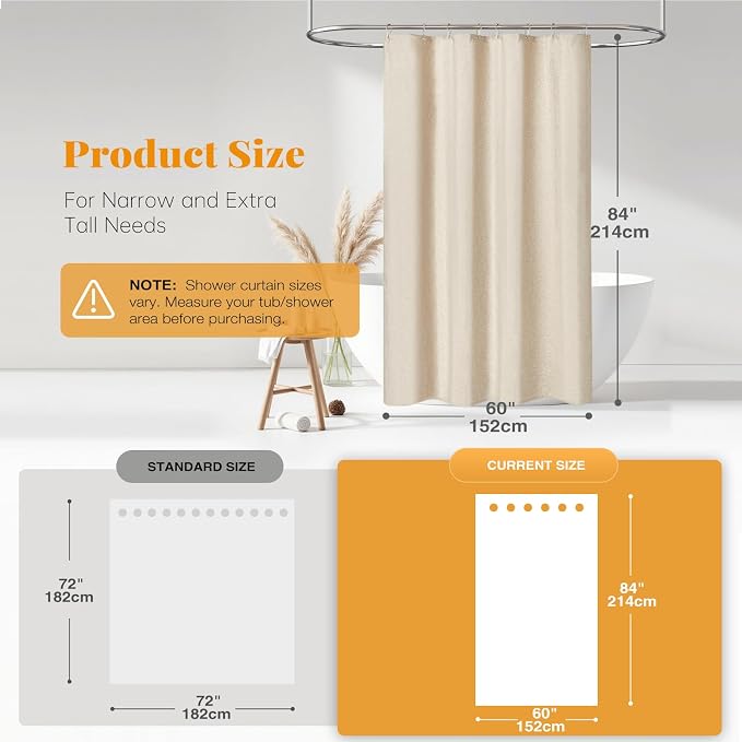 BTTN 60 Wide Stall Shower Curtain - 60 x 84 Inch Long Linen Textured Fabric Shower Curtain Set with 10 Plastic Hooks, Narrow Decorative Neutral Waterproof Shower Curtains for Bathroom, Cream/Beige