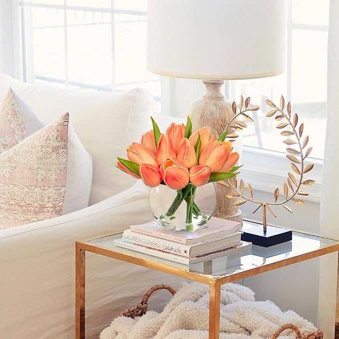 DILATATA Artificial Peach Tulips in Vase with Faux Water 6" Real Touch Flowers Fake Tulips Small Flowers Arrangement in Round Glass Vase for Mother's Day Table Centerpiece Wedding Home Decor