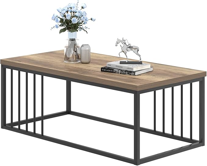 FOLUBAN Modern Coffee Table, Minimalist Wood and Metal Center Table for Living Room, Oak, 43.3 Inch