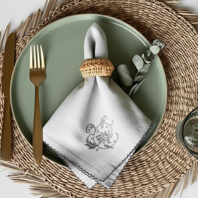 Luxury Embroidered Cloth Napkins – Grey Lily, Set of 6, 18x18 | Grey Dinner Napkins with Floral Embroidery | Elegant Cotton Blend Table Napkins for Holiday Hosting, Weddings