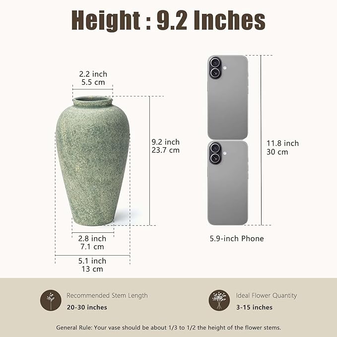Ceramic Flower Vase Home Decor - 9.2 inch Large Farmhouse Table Vases, Rustic Decorative Vases for Kitchen Living Room Coffee Dining Shelf Mantel Decoration
