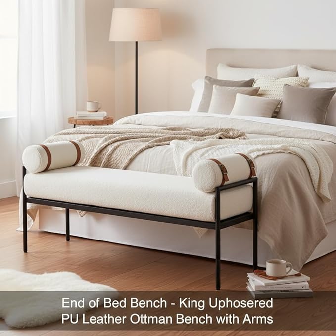 LukeAlon Modern 55" End of Bed Bench Long King Upholstered Sherpa Ottoman Bench with Arms & Detachable Strappy Pillows for Bedroom Entryway Window Bench with Black Metal Legs, White (Strap: Brown)