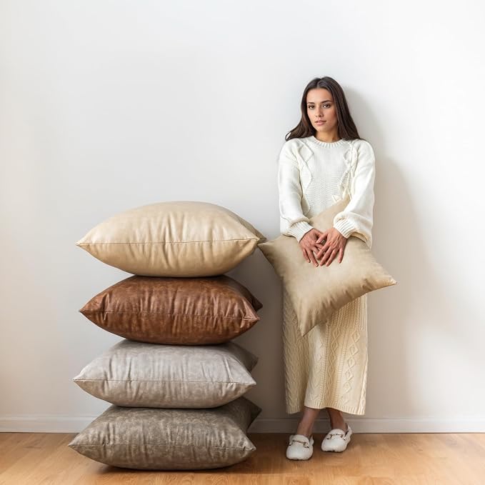 Pack of 2 Leather Lumbar Pillow Cover, Vintage Decorative Soft Farmhouse Cushion Cover, for Home Decor Outdoor Waterproof Pet Hair Resistant Abrasion Throw Pillow Covers 12x20 Inch Olive Green