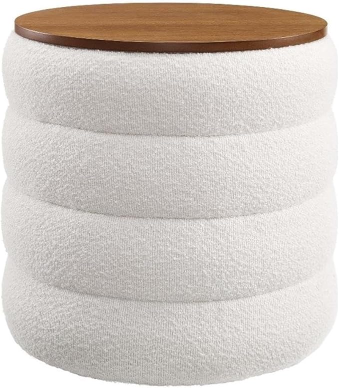 Modway Mezzo Round Boucle Fabric Storage Ottoman Stool in Cloud - Channel Tufted Ottoman - Upholstered Footrest - Versatile End or Side Table with Storage