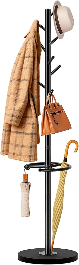 SLEEPING LAMB Coat Rack Freestanding with Umbrella Holder, Coat Hanger Stand with Wood Base Fits Entryway, Living Room, Bedroom, Office, Clothes Tree Holder with 8 Hooks for Jackets, Hats, Bags, Black