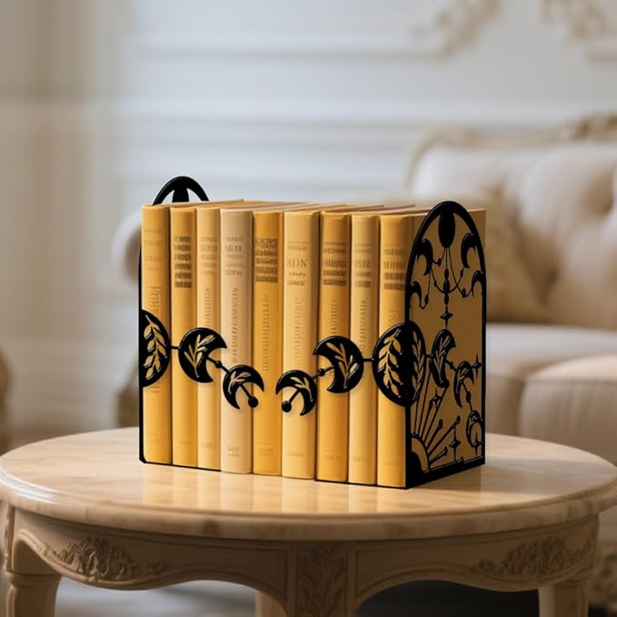 Peacoblue Metal Bookends for Shelves, Modern Decorative Heavy Duty Study Book Support Stoppers for Office, Desk, Shelf, Room 5.5"x4.3"x8.3" Cast Iron Simple Tall Bookends, 1 Pair (Moon Phases)