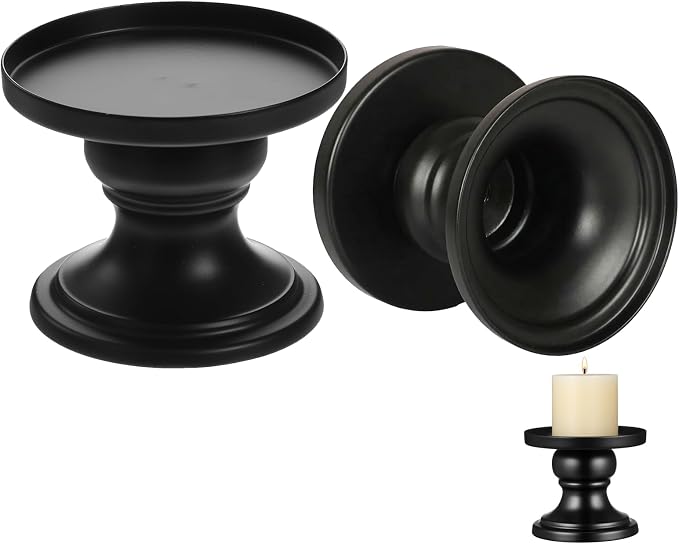 Abaodam Black Candle Holders for Pillar Candle Set of 2, Reversible Metal Candlestick Stand for Fireplace, Table Centerpiece and Farmhouse Home Decor