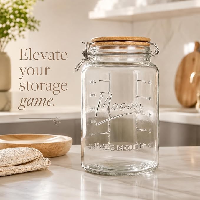 kitchentoolz 1 Gallon Mason Jars Wide Mouth with Airtight Bamboo Lids – Set of 2 Gallon Glass Jar with Lid – Large Mason Jars with Lids for Kitchen Pantry, Storage, and Canning