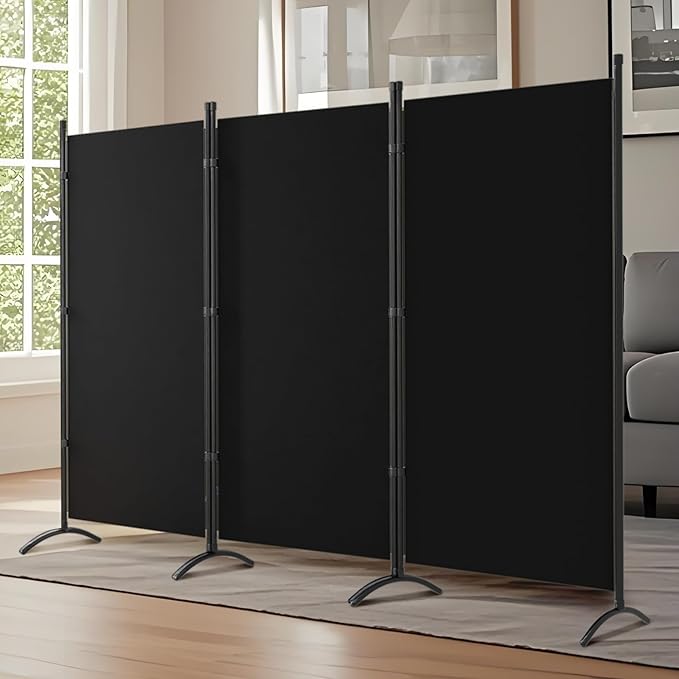 Grezone Large Folding Panel Portable Stand RoomIndoor Room Divider,Portable Office Divider(3-Panel),Folding Partition Privacy Screen for Bedroom,Dining Room, Study Black