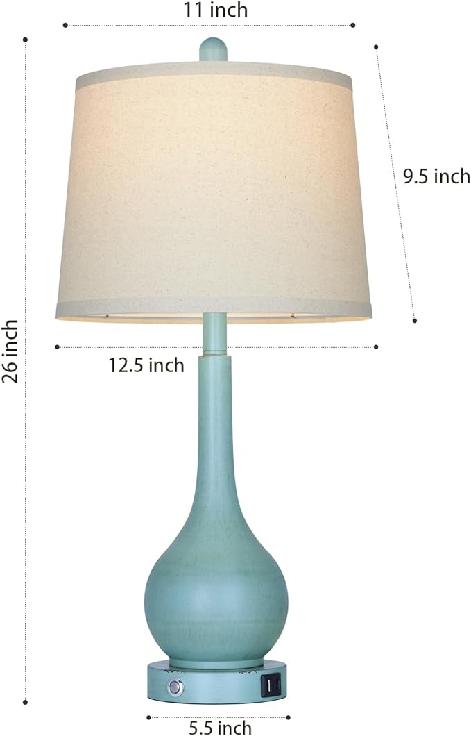 26" Farmhouse Table Lamps for Living Room Set of 2, 3-Way Dimmable Touch Control Bedside Lamp with USB A+C Ports, Retro Blue Nightstand Lamps for Bedroom (2 LED Bulbs Included)