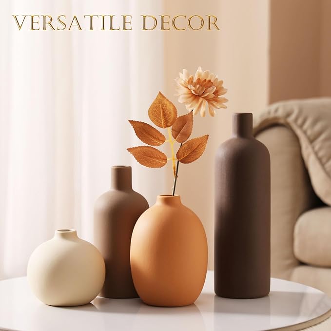 Joeabor Ceramic Vase Set of 4 - Handcrafted Ceramic Vases for Home Decor & Shelf - Modern Farmhouse Decor for Kitchen, Office, Bedroom & Living Room Decorative Objects for Mantel, Table Centerpieces
