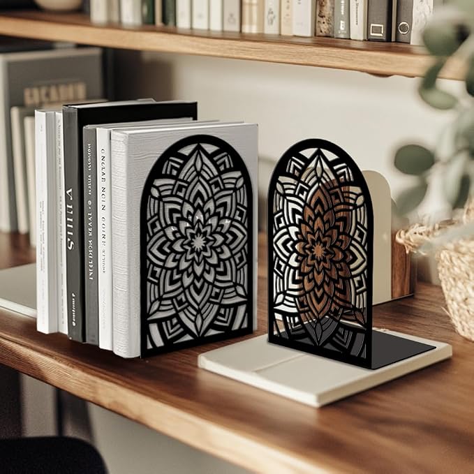 Peacoblue Metal Bookends for Shelves, Modern Decorative Heavy Duty Study Book Ends Stoppers for Office, Desk, Shelf, Room 5.3"x4.3"x7.9" Cast Iron Simple Tall Bookends 1 Pair (Mandala Pattern)