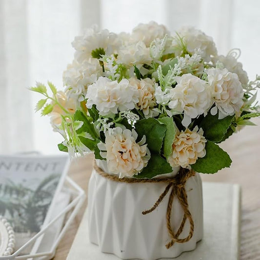TKAS Fake Flowers Arrangement in Ceramic Vase, Artificial Faux Silk Hydrangea, Small Realistic Dried-Style Floral, Dining Table Centerpiece for Wedding Party Home Decoration (White)