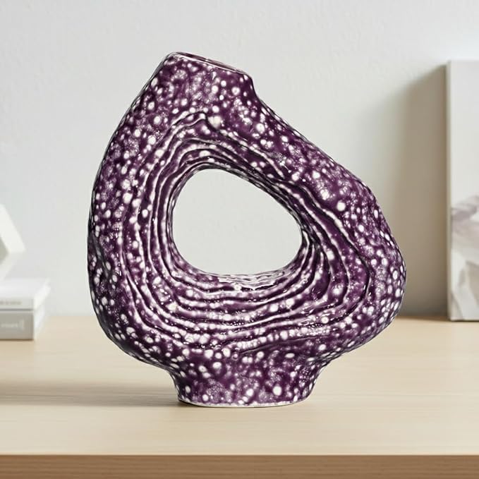 Sunddo Ceramic Flower Vase, 9 Inch Purple Modern Vases for Home Decor, Unique Donut Vase for Living Room, Centerpiece Table, Kitchen, Fireplace, Bookshelf, Shelf Decor
