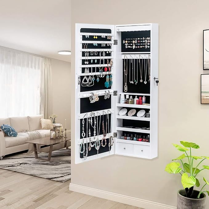 Bonnlo 8 LED Lockable Jewelry Cabinet, Wooden Jewelry Armoire with Full-Length Mirror, Space-Saving Jewelry Organizer Box Wall Door Mounted, Inner Mirror and Large Storage Capacity