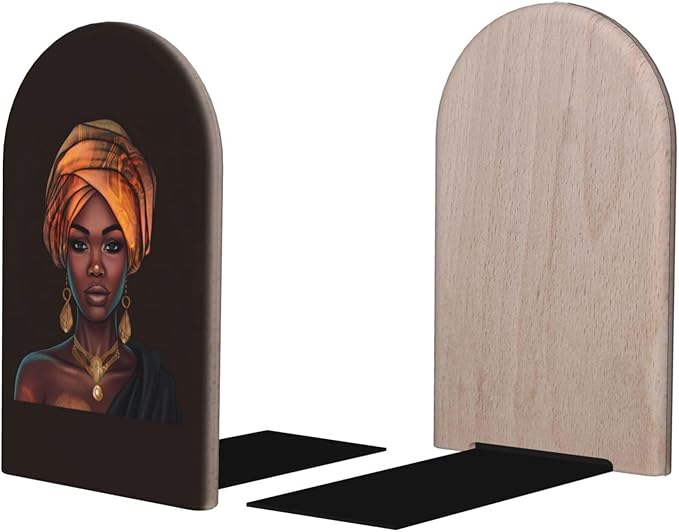 Black Women Beautiful Girl L-Shaped Book Ends 1 Pair Wood Bookends Book End Supports for Heavy Book Shelf Holder Home Decorative