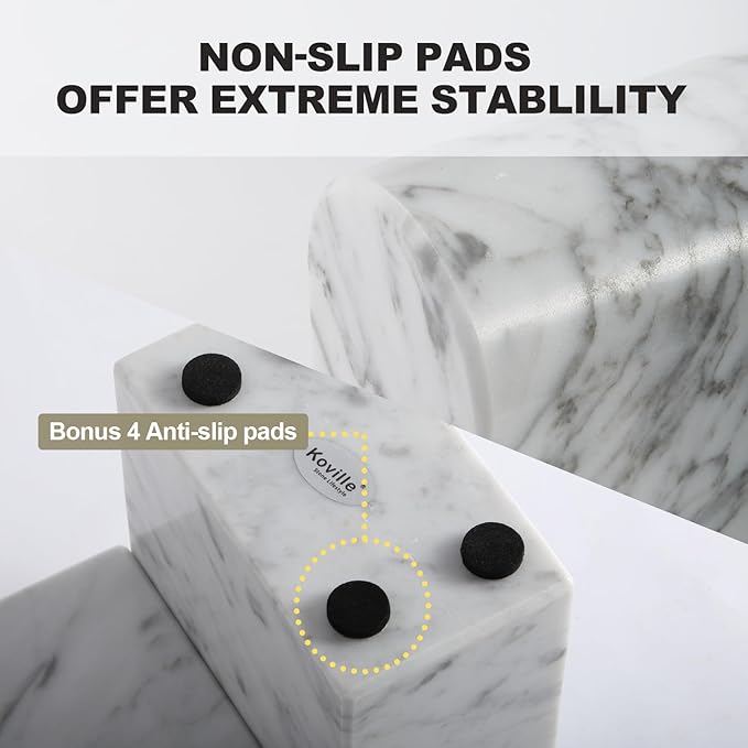 Koville Natural Italian Marble Bookends for Shelves, Book Ends for Heavy Books, 13LBS Ultra Heavy Duty Book Holders, Triumphal Arch Bookends Office Bookshelf Decor for CDs/Video Games(Bianco Carrara)