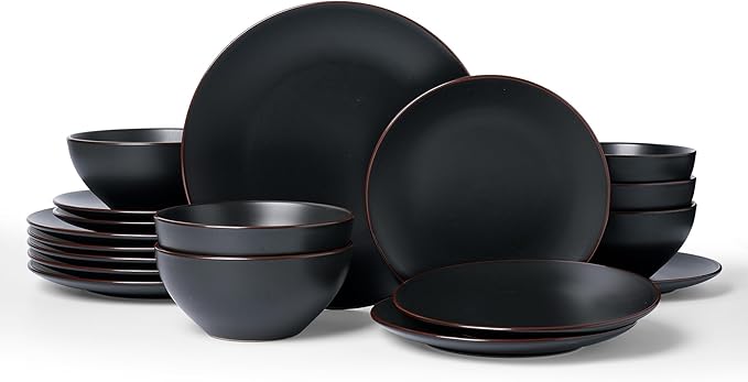 Famiware Venus Plates and Bowls Sets with Trim, 18 Pieces Stoneware Chip Resistant Dinnerware Dishes for 6, Matte Black - Microwave/Dishwasher Safe, Modern Minimalist, for Everyday Meals/Formal Dining