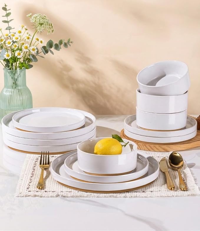 AmorArc Ceramic Dinnerware Set for 4 | Speckled Stoneware Plates and Bowls with unglazed terracotta | Scratch Resistant, Dishwasher & Microwave Safe Dishes Sets- 12-Pcs Milk White