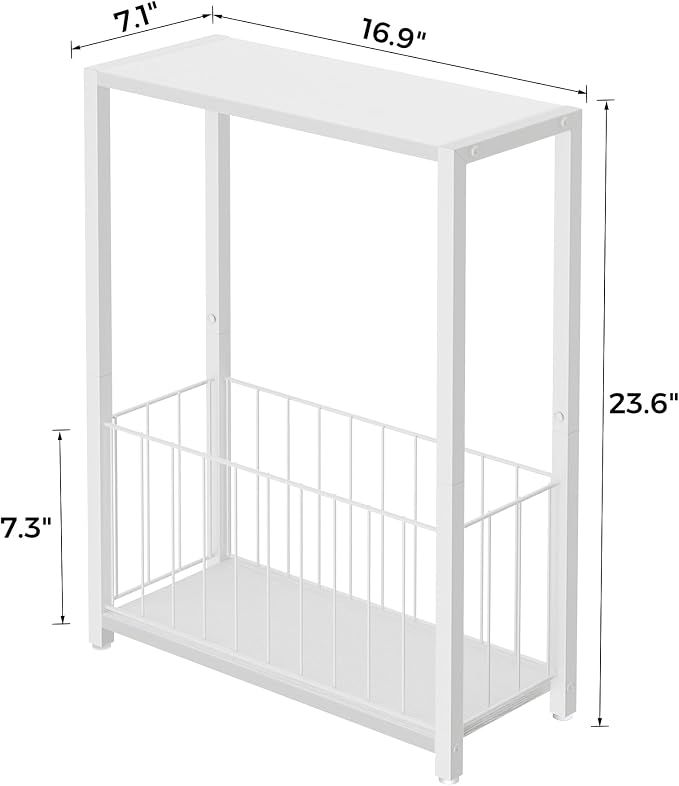 Homleke Narrow Side Tables Set of 2 with Magazine Holder, Skinny End Tables Perfect for Small Spaces, Space-Saving Design for Living Room, Bedroom, or Office, 7.1" D x 16.9" W x 23.6" H, White