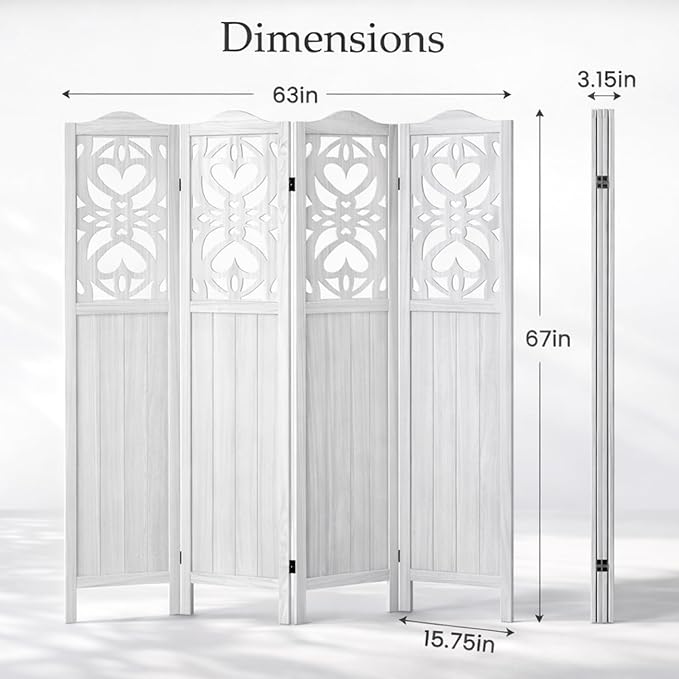 4 Panel Room Divider Fully Assembled, Carved Room Dividers and Folding Screens, 5.6Ft Wood Room Divider Screen Freestanding Partition Wall Dividers for Home Bedroom Office, Rustic White