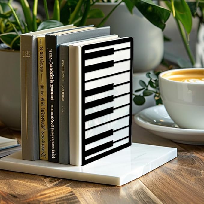 Peacoblue Metal Bookends for Shelves, Modern Decorative Heavy Duty Study Book Ends Stoppers for Office, Desk, Shelf, Room 5.3"x4.3"x7.9" Cast Iron Simple Tall Bookends 1 Pair (Piano Keys)