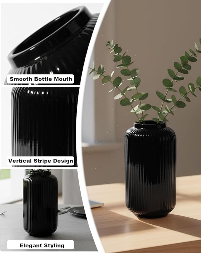 Black Ceramic Vase, 7.87 Inch Modern Small Ribbed Textured Flower Vase for Pampas Grass & Dried Flowers - Minimalist Home Decor, Watertight, Non-Slip Base