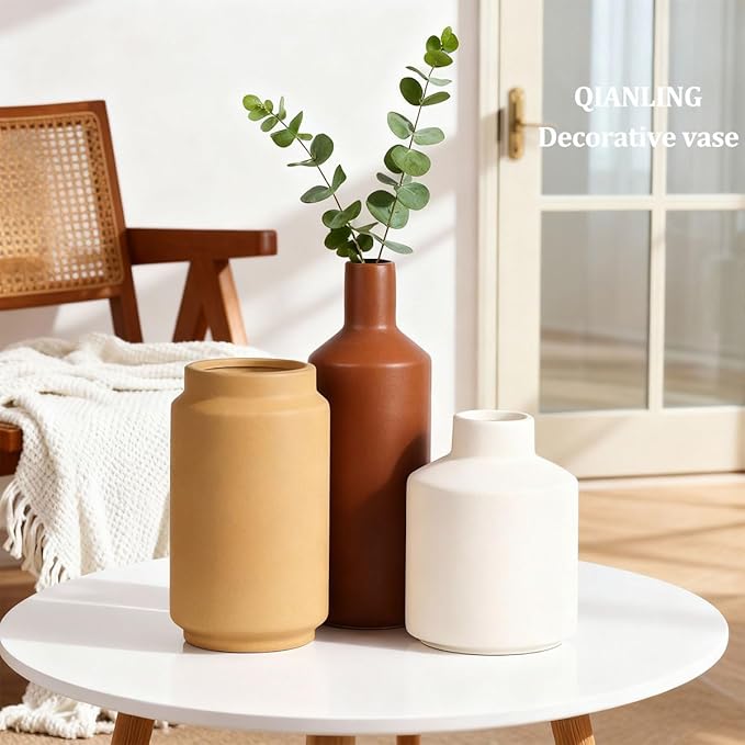 Ceramic Vase Set of 3 - Modern Neutral Vases Home Decor, Minimalism Decorative Vases, Boho Decor Small Flower Vase for Shelf, Dining Table Entryway Mantel Centerpiece Bookshelf Living Room Bathroom
