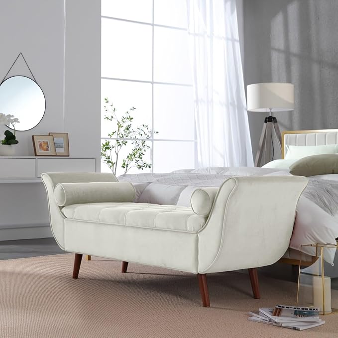 Velvet Storage Bench for Bedroom End of Bed with 2 Pillow, Upholstered Button Tufted Storage Ottoman Bench Footstool Rolled Arm Solid Wood Legs for Entryway Living Room Dining Room (Beige)