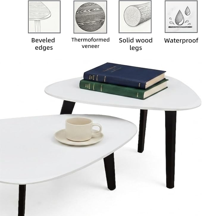 Nesting Coffee Table Set of 2-Mid Century Modern Guitar Pick Stacking Tables with Solid Wood Legs-Waterproof Triangle Center Side End Table for Small Living Room,Apartment,Balcony (White)
